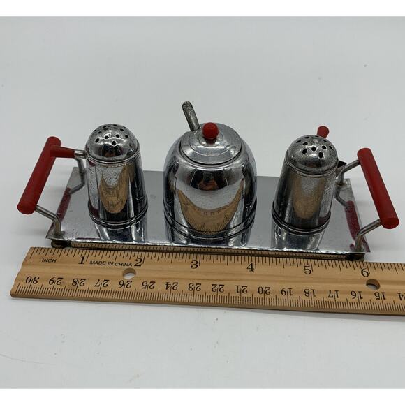 Vntg Occupied Japan chrome and bakelite minature condiment set Read 1940’s - Picture 5 of 6